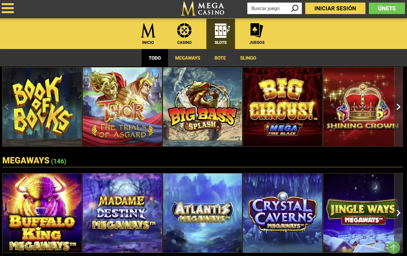 Selección de slots y mesas destacadas de Mega Casino